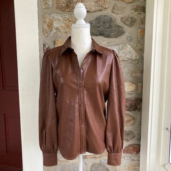 NWT Aritzia Wilfred Mila Vegan Leather Puff Sleeve Button Down Shirt Small - Picture 4 of 12